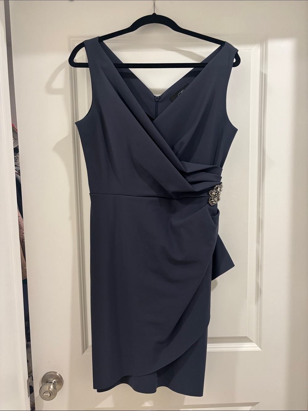 Alex Evenings Navy V-Neck Midi Dress with Draped Side Brooch